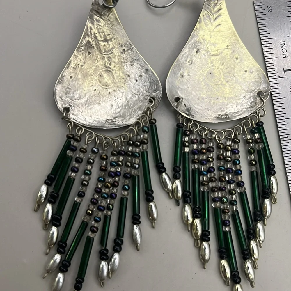 Elegant Vintage Sterling Silver and Green Dangle Earrings - Picture 2 of 4